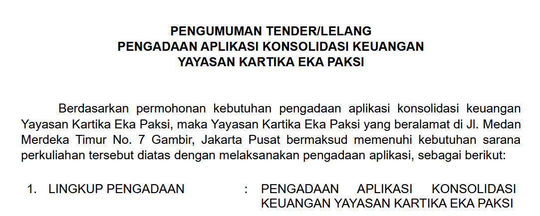 Cover image for "PENGUMUMAN TENDER/LELANG PENGADAAN KONSOLIDASI KEUANGAN"